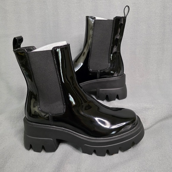 Azalea Wang Shoes - Platform Chelsea Boots Size 9 Black Patent Lug Sole Edgy Grunge Y2K Chunky Goth